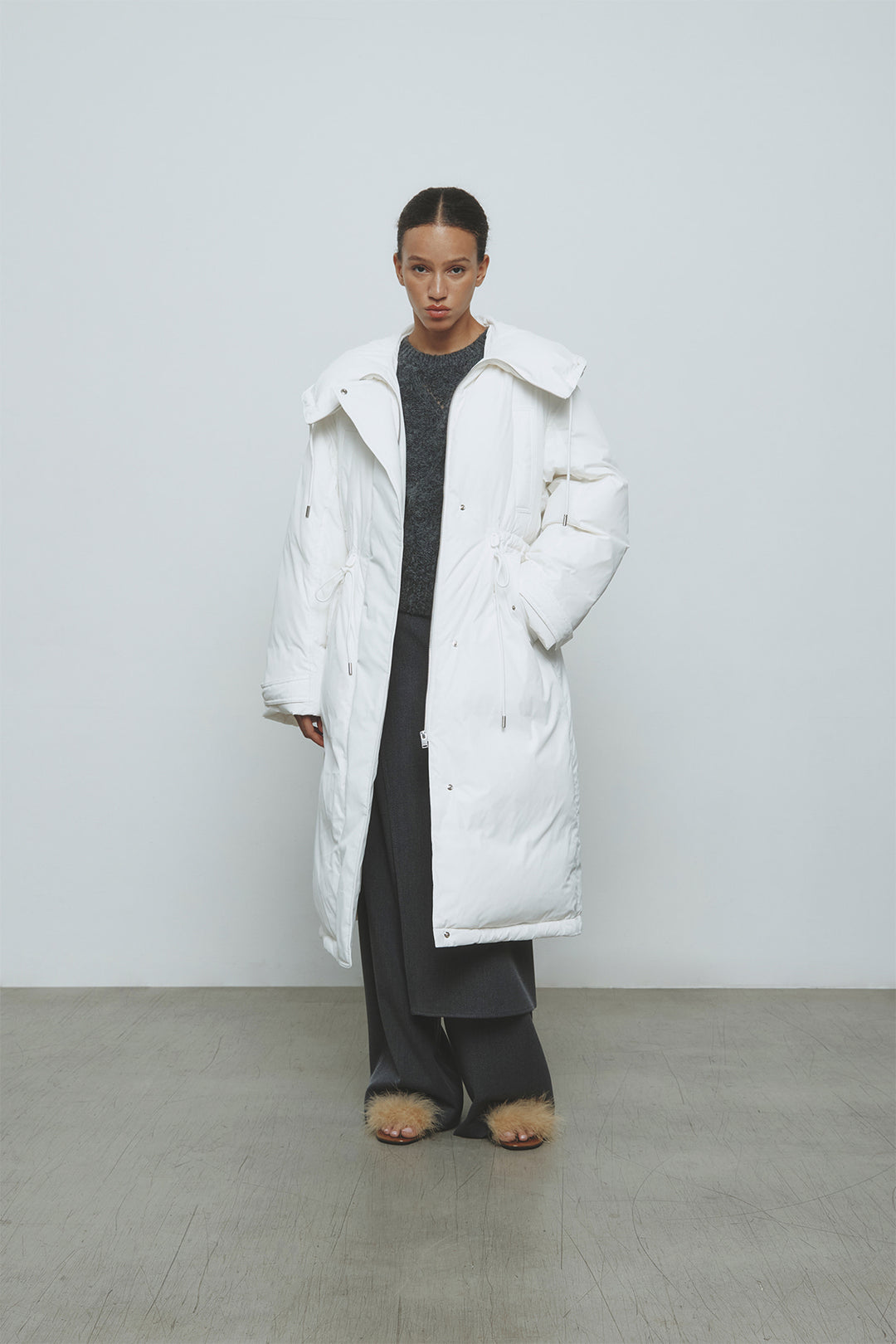 KIMMATIN Draw String Long Down Jumper — White