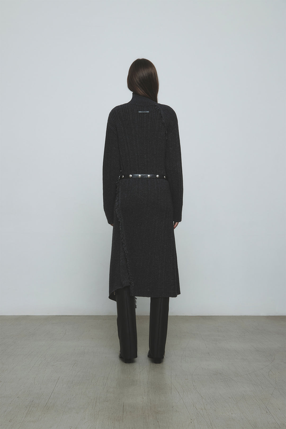 KIMMATIN Unbalance Fringe Knit Dress — Charcoal