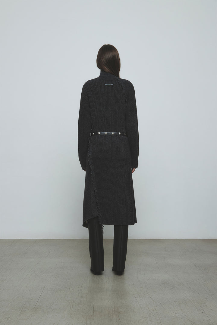 KIMMATIN Unbalance Fringe Knit Dress — Charcoal