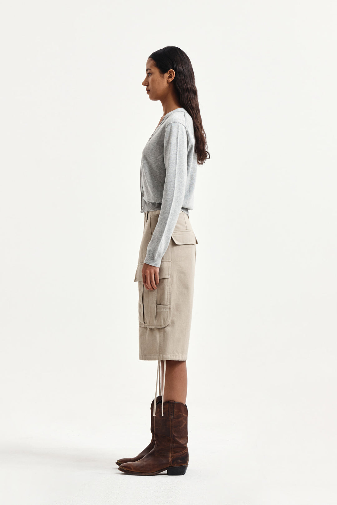 Matin Kim Back Logo Snap Button Cardigan — Gray