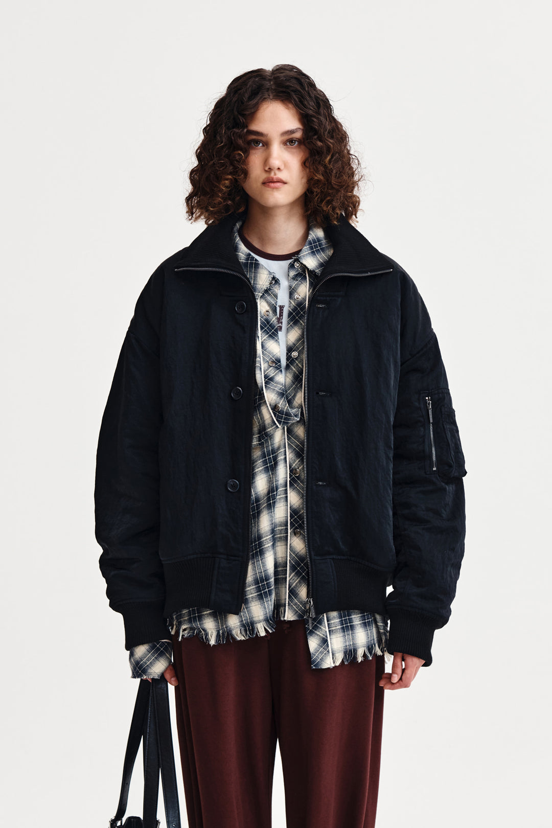 Matin Kim High Neck Button Point Zip Up Jumper — Black