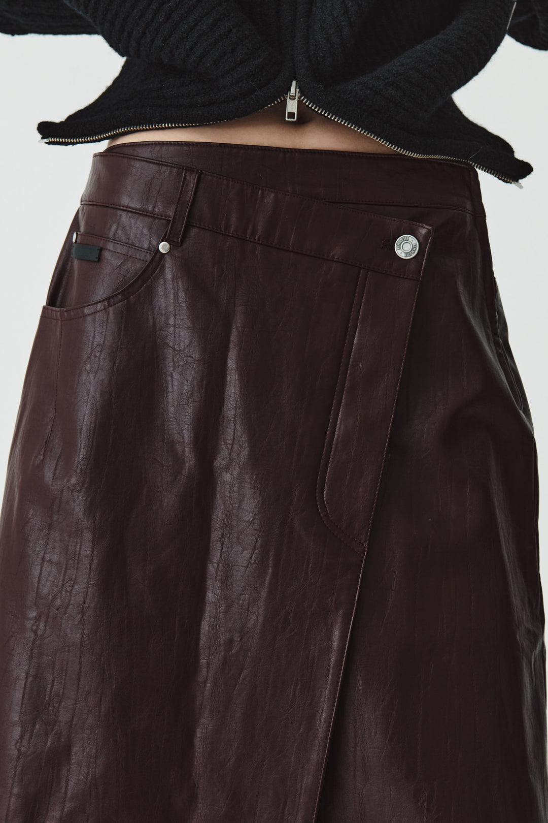 KIMMATIN Faux Leather Midi Wrap Skirt — Burgundy