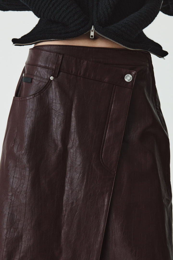 KIMMATIN Faux Leather Midi Wrap Skirt — Burgundy