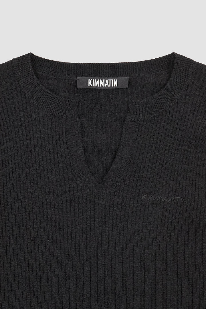 KIMMATIN Slit Point Slim Knit Top — Black