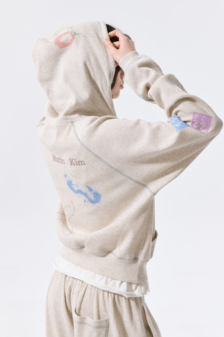 Matin Kim Sketch Graffiti Waffle Zip Hoodie — Beige