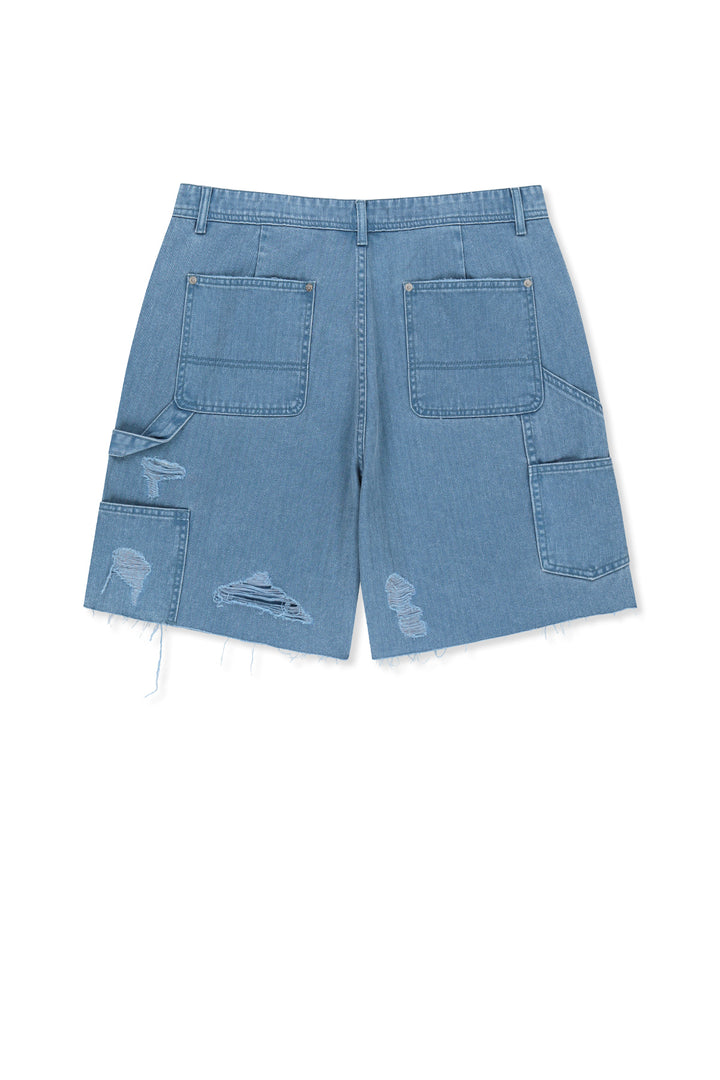 Matin Kim Herringbone Raw Cut Denim Shorts — Light Blue