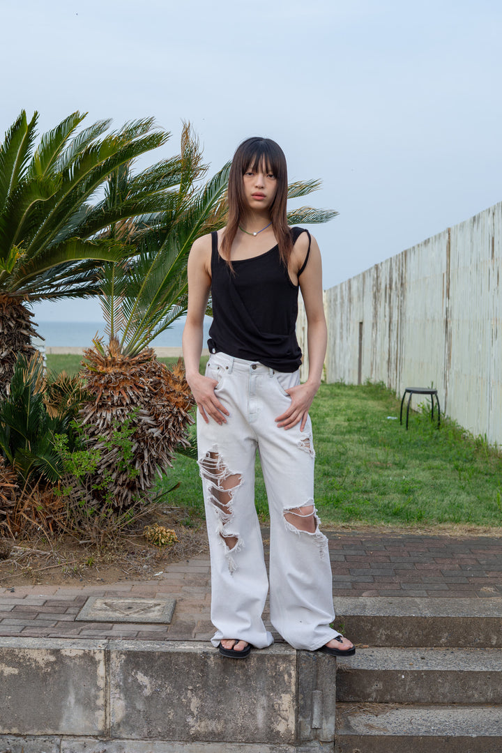Matin Kim Unbalance Tuck Sleeveless Top — Black
