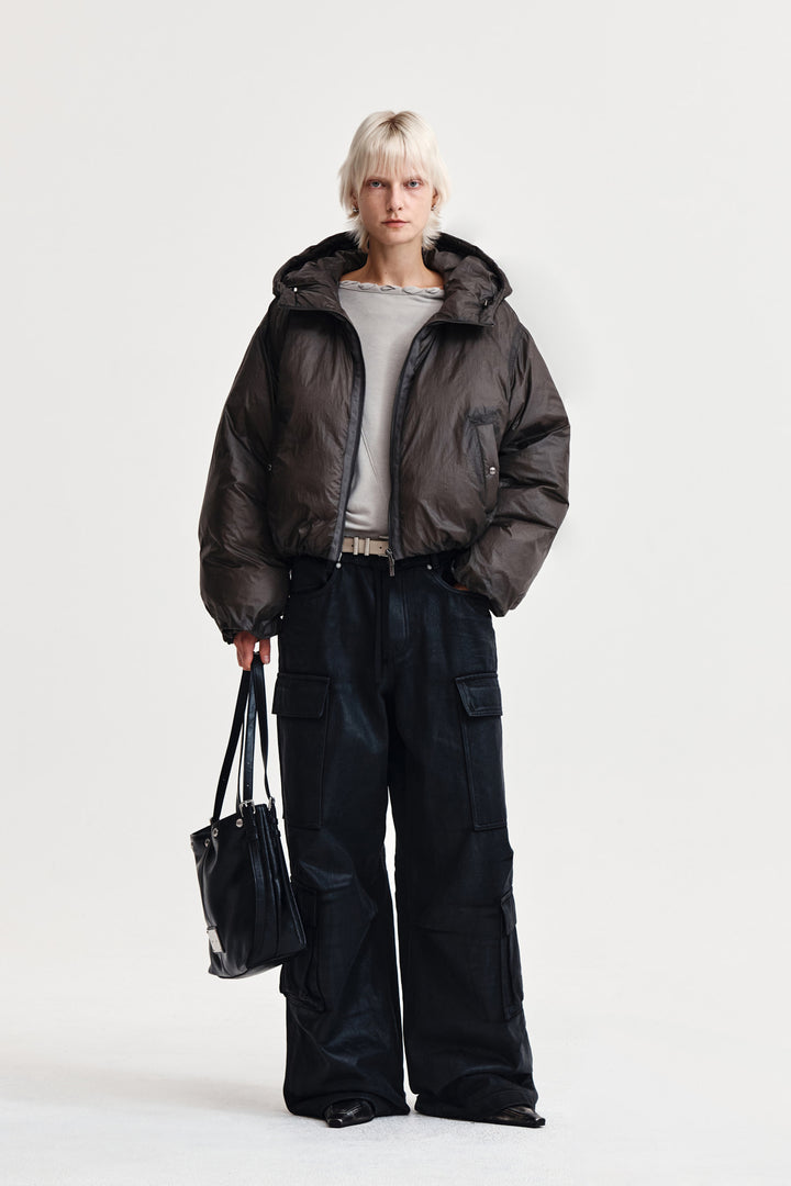 Matin Kim Back Logo Hoody Short Down Jumper — Charcoal