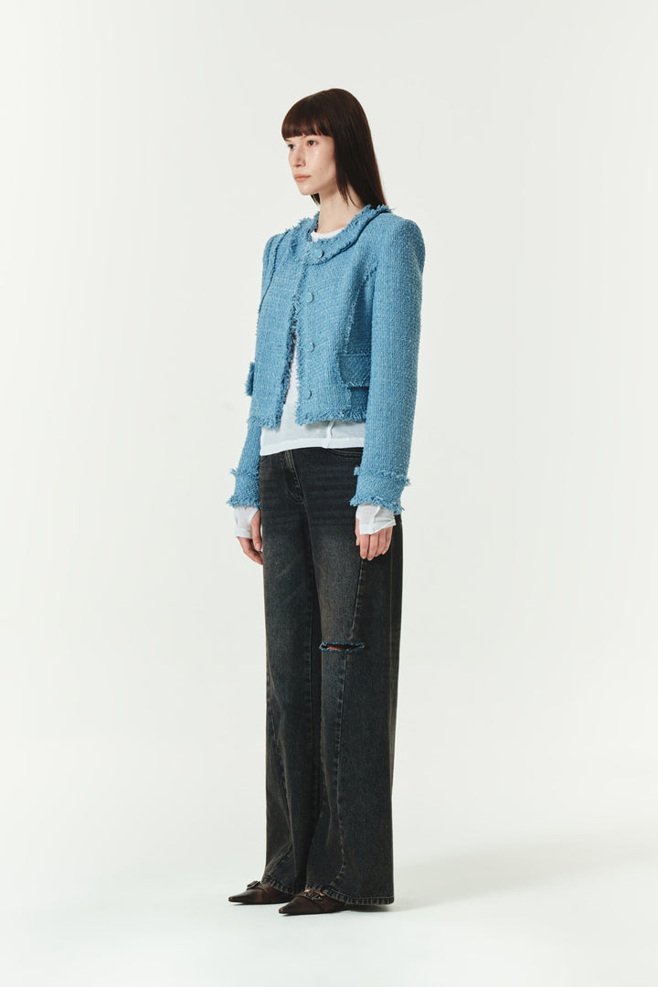 KIMMATIN Unbalance Tweed Crop Jacket