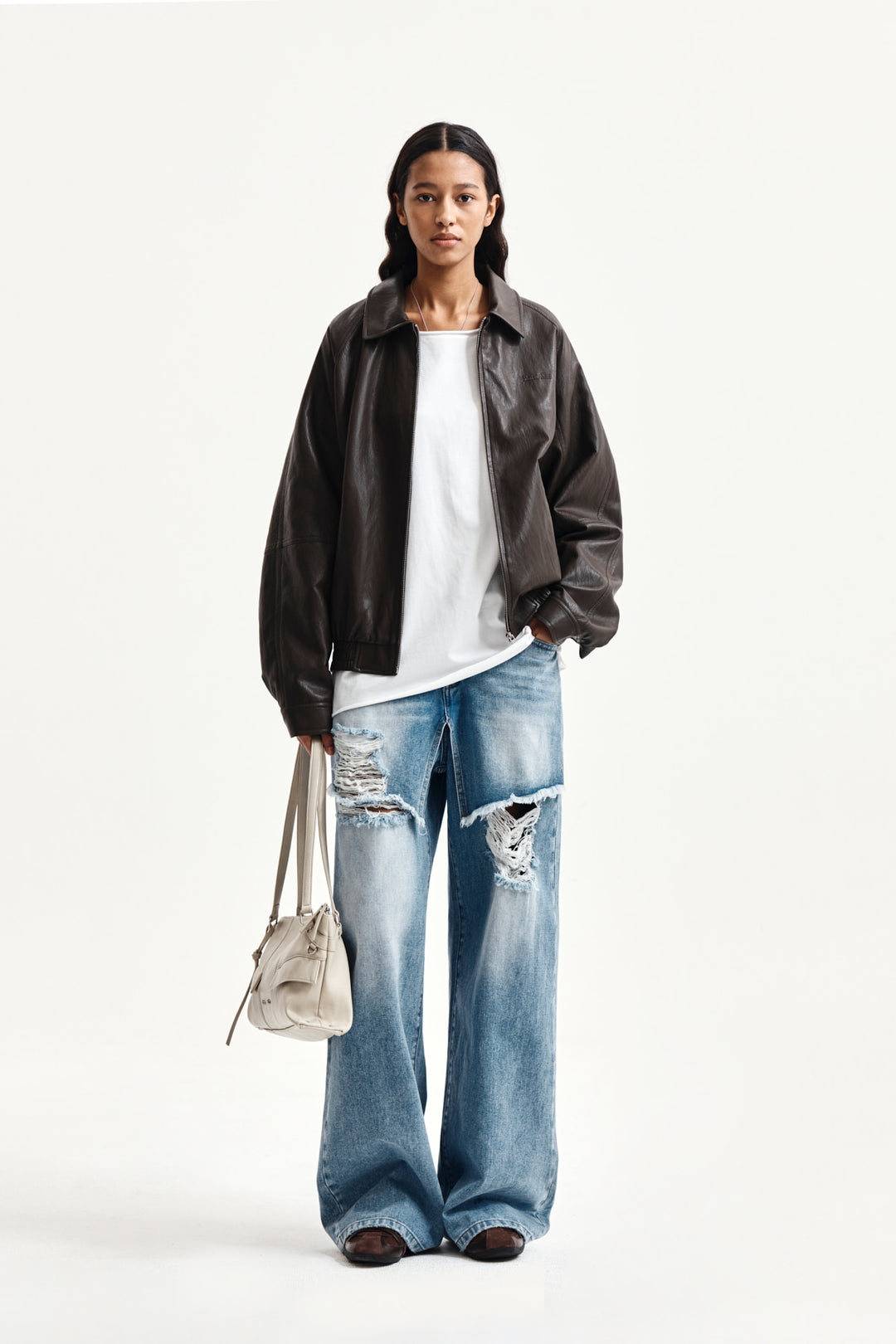 Matin Kim Small Logo Faux Leather Zip-Up — Brown