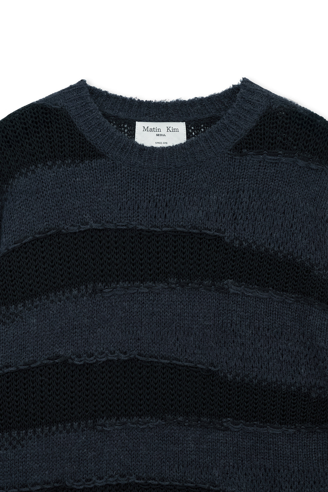 Matin Kim Texture Block Stripe Knit Pullover — Navy blue