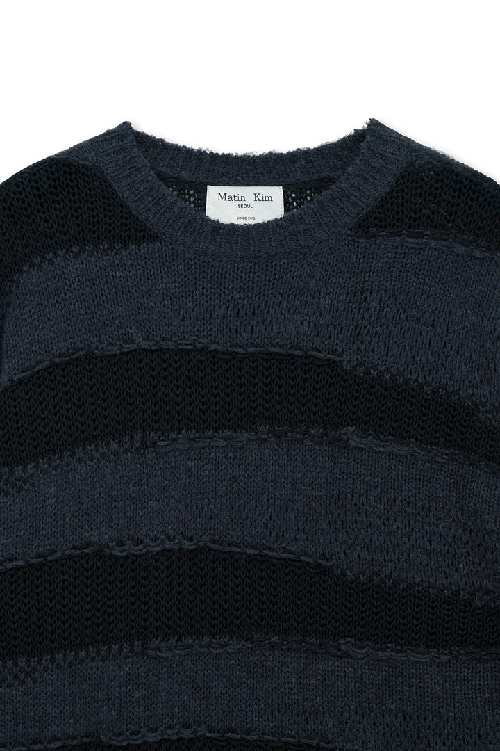Matin Kim Texture Block Stripe Knit Pullover — Navy blue