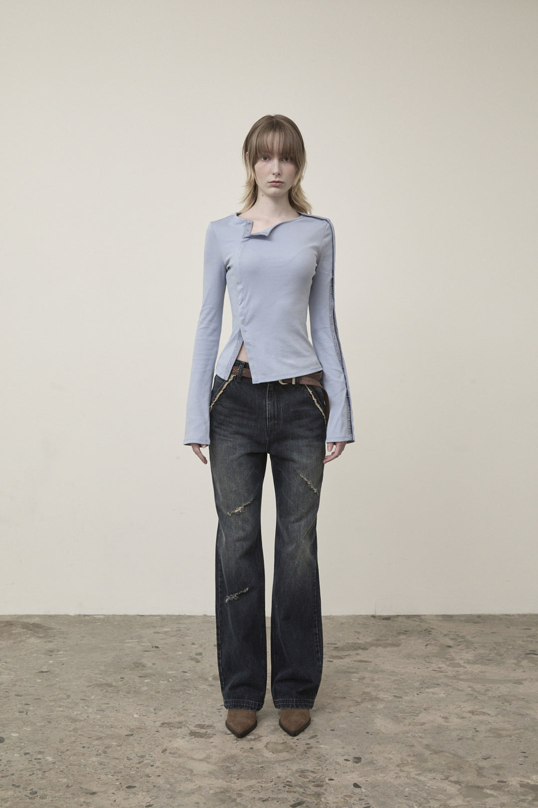 Matin Kim Semi Boots Cut Washed Denim — Navy blue