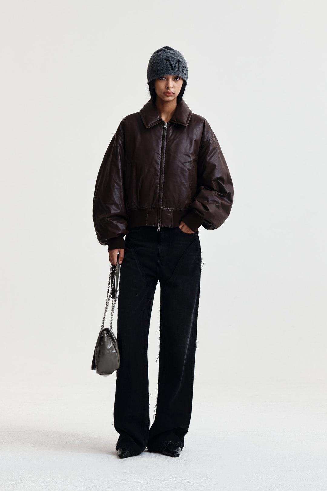 Matin Kim Faux Leather Down Jumper — Brown