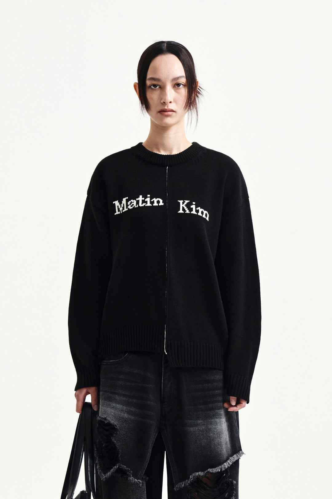Matin Kim Asymmetric Logo Knit Pullover — Black