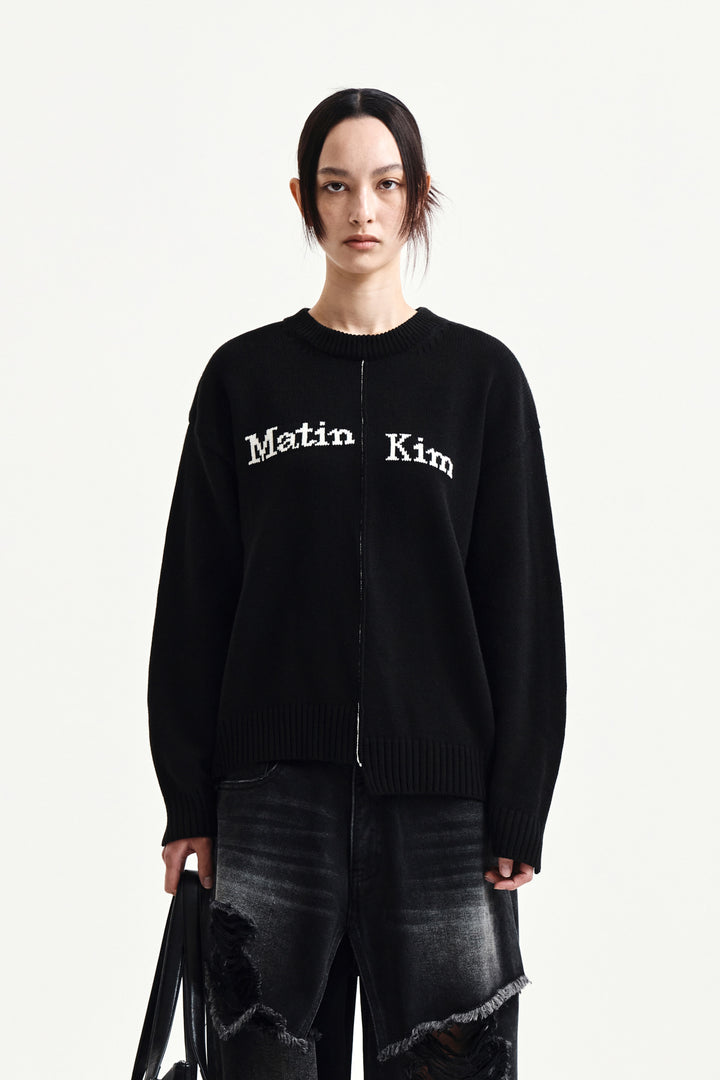 Matin Kim Asymmetric Logo Knit Pullover — Black