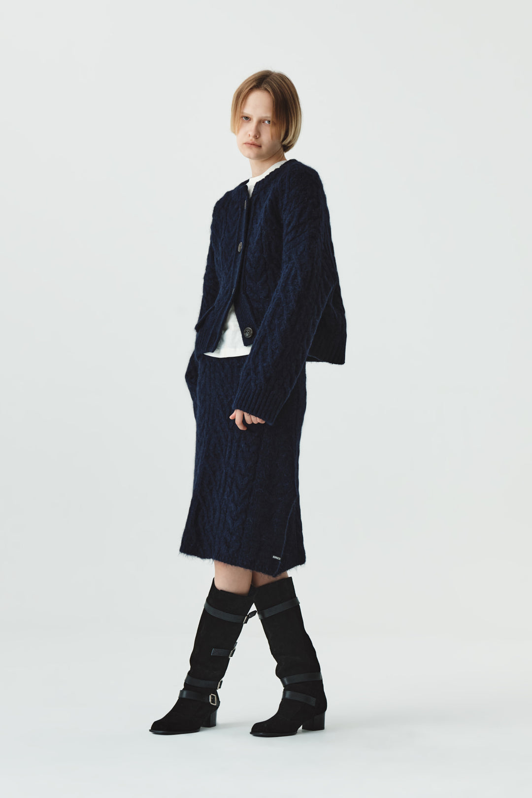 KIMMATIN Wide Cable Midi Knit Skirt — Navy blue