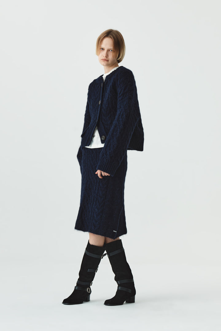 KIMMATIN Wide Cable Midi Knit Skirt — Navy blue