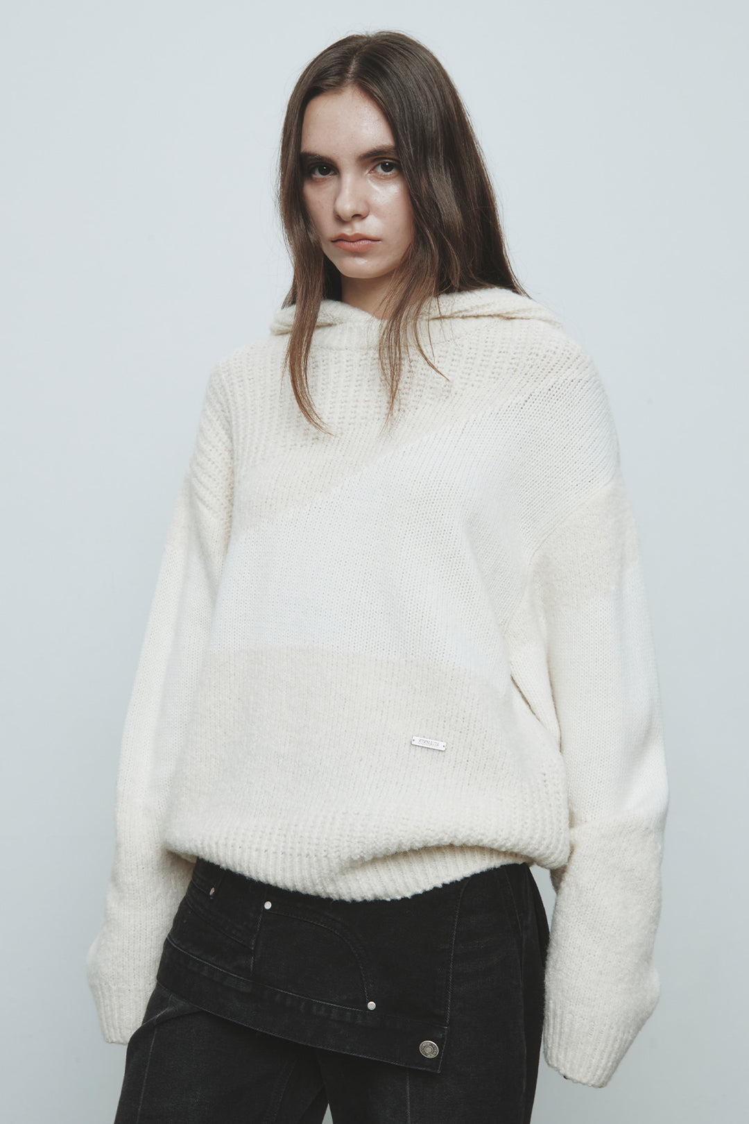 KIMMATIN Color Mix Unbalance Knit Hoody — Ivory