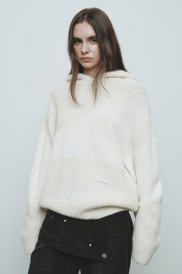 KIMMATIN Color Mix Unbalance Knit Hoody — Ivory