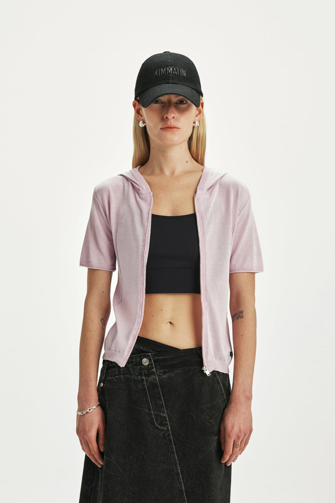 KIMMATIN Hoody Point Half Sleeve Knit Zip Up — Pink
