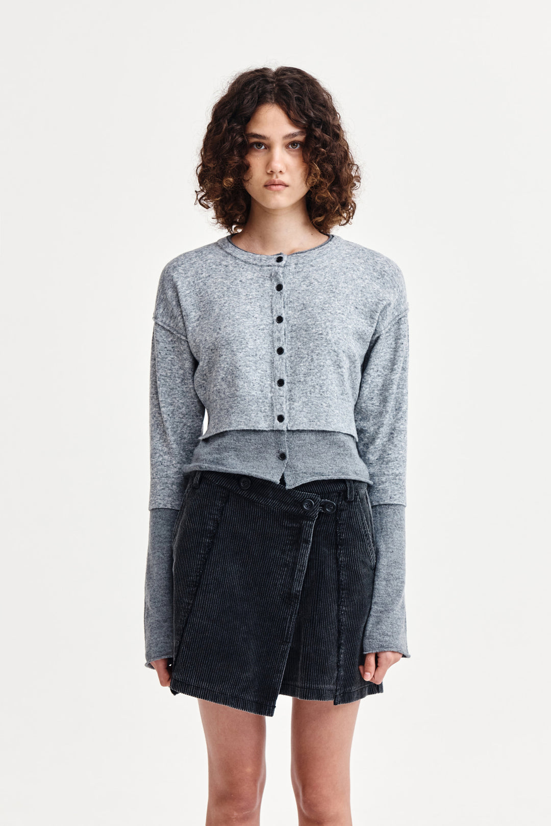Matin Kim Layered Texture Knit Cardigan — Gray