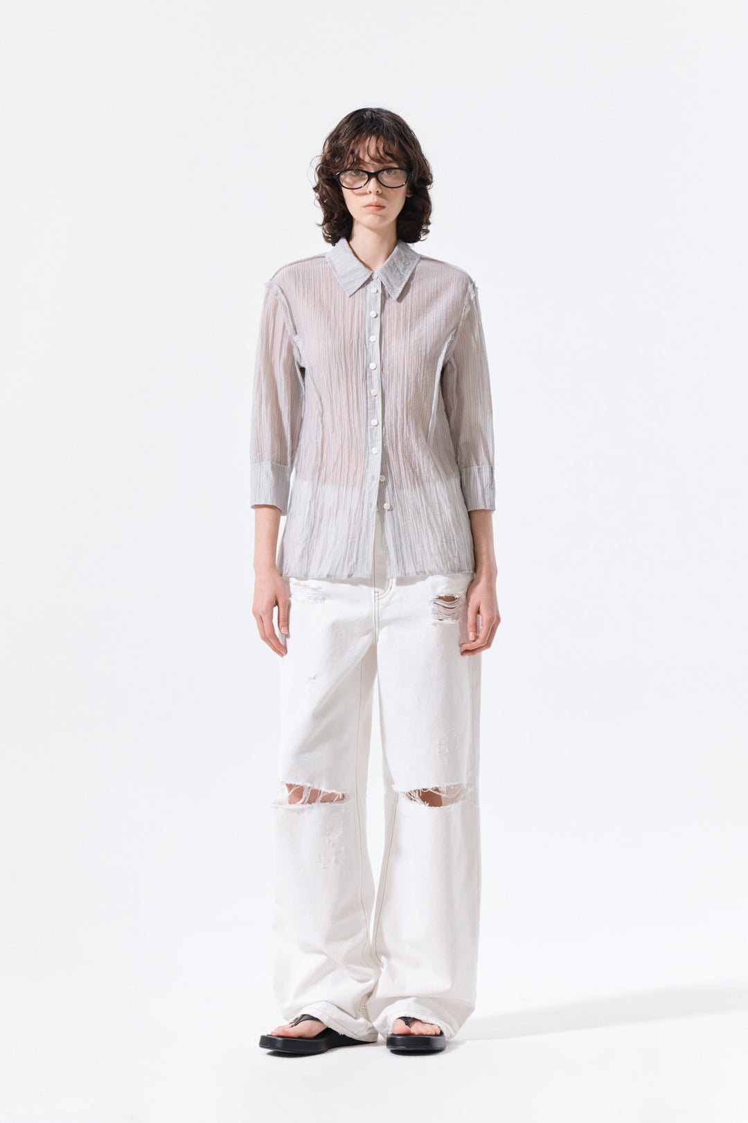 Matin Kim Raw Edge Crinkle Blouse — Light Grey