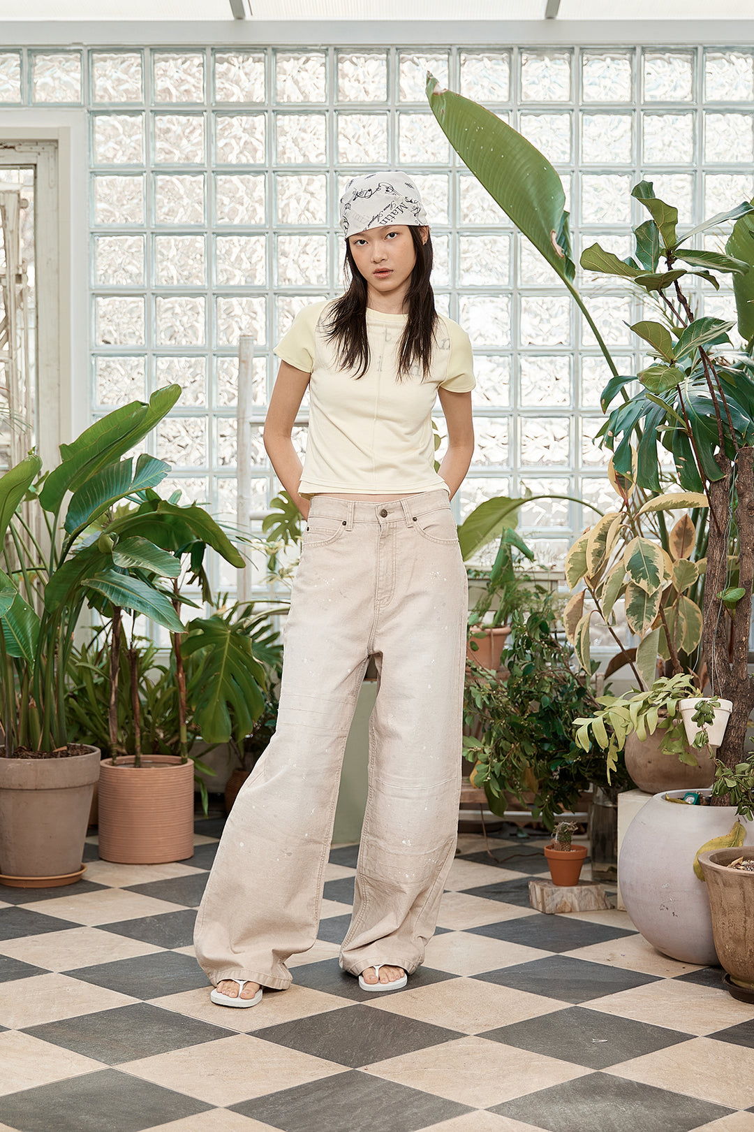Matin Kim Unbalance Cut Point Vintage Cotton Pants — Beige