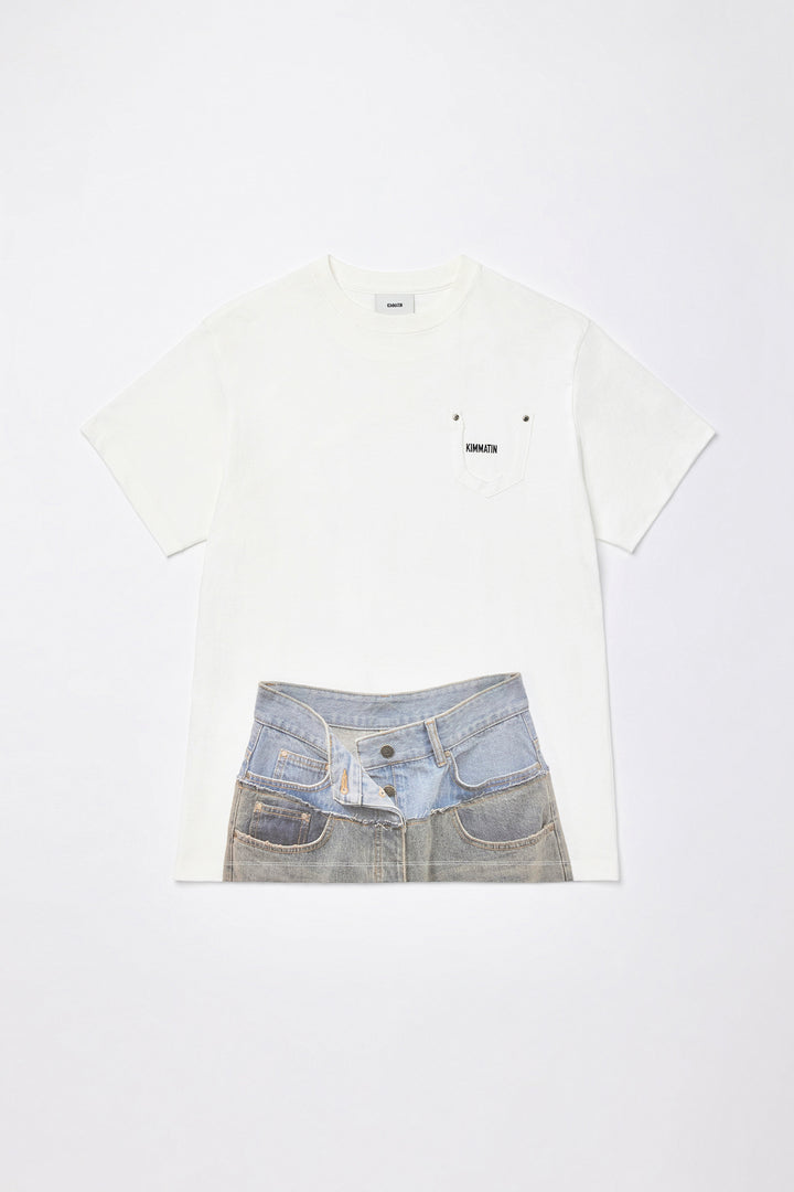 KIMMATIN Denim Printing Oversize Top — White