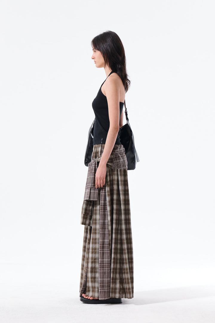 Matin Kim Mixed Check Sleeve Tie Flare Skirt — Brown