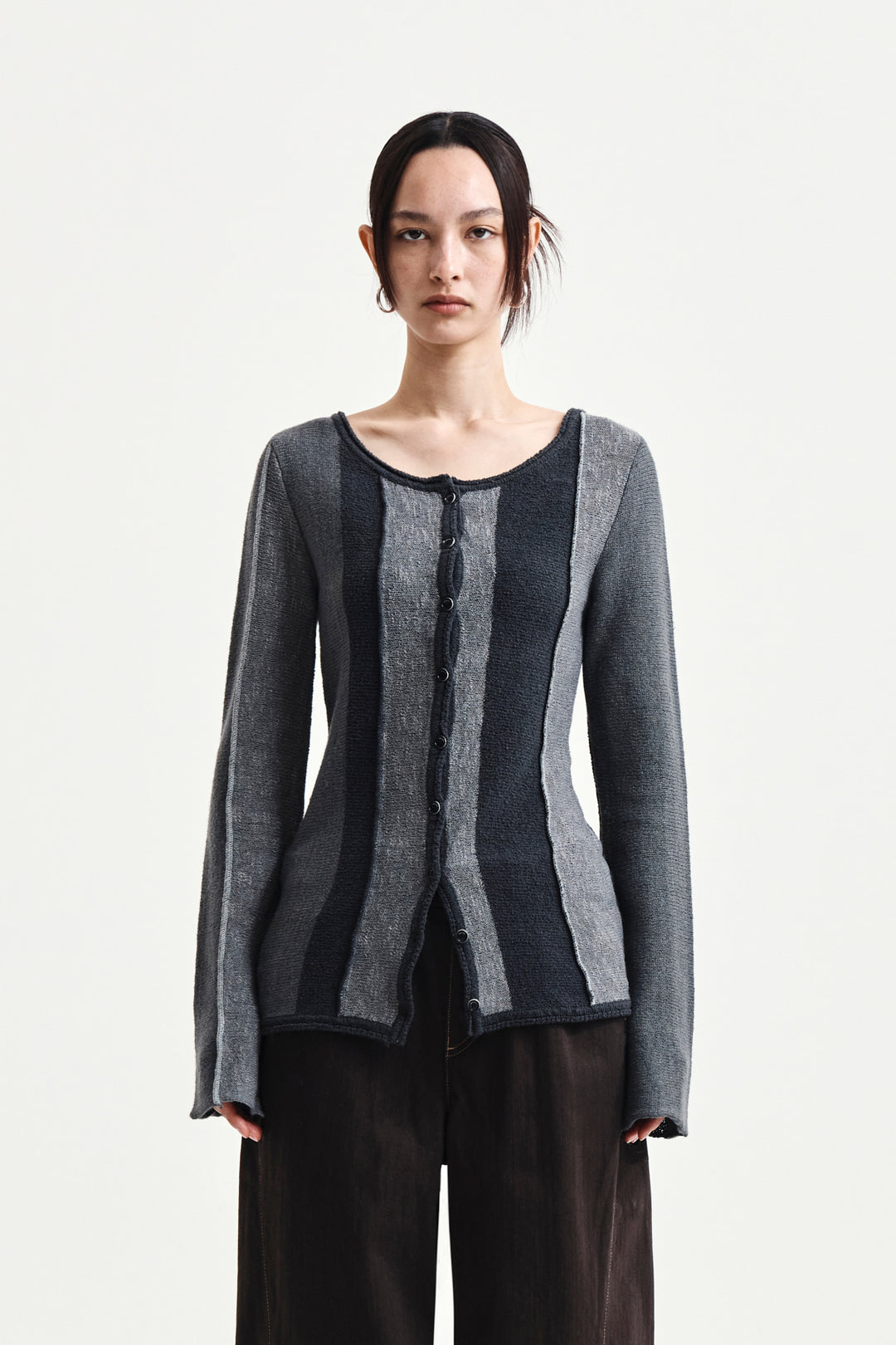 Matin Kim Color Block Slim Knit Cardigan — Charcoal