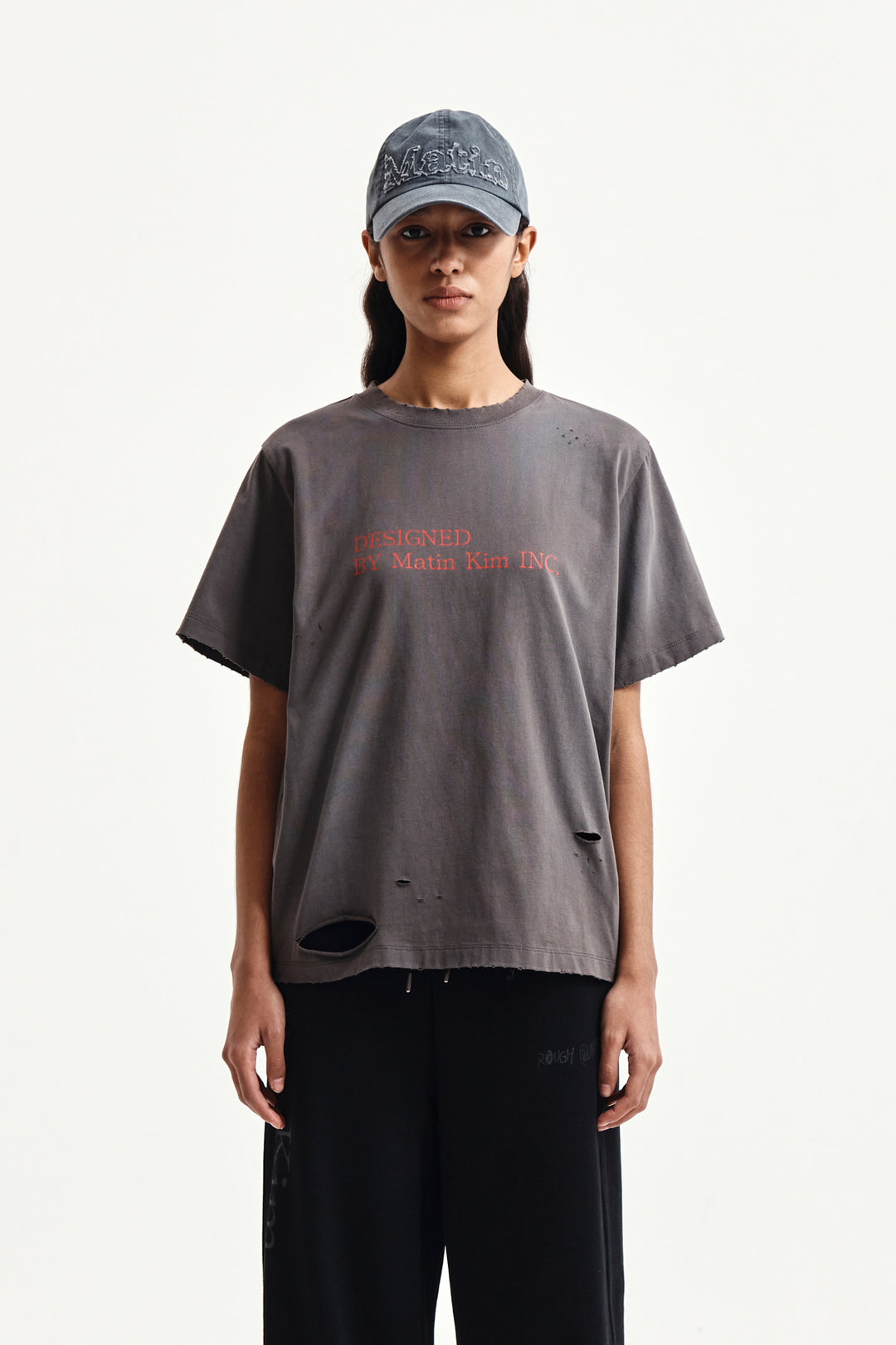 Matin Kim Spray Washed Lettering Damaged Top — Charcoal