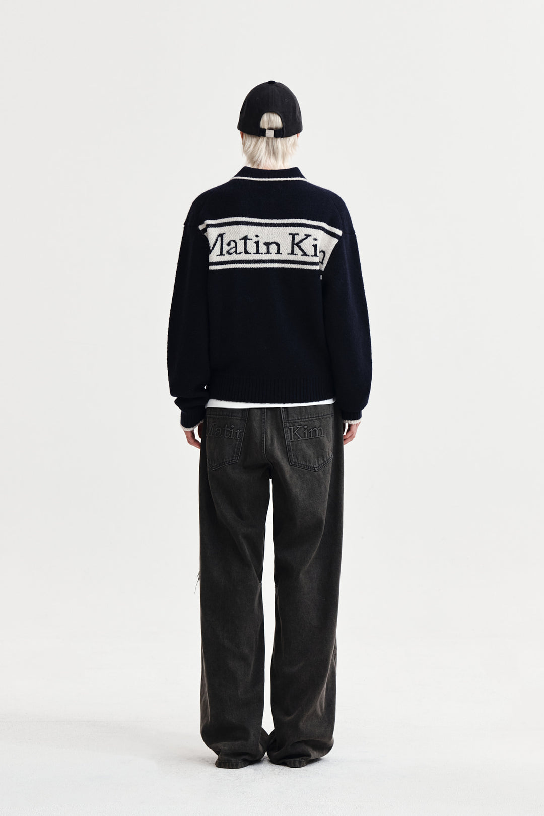 Matin Kim Back Logo Collar Knit Top — Dark Navy