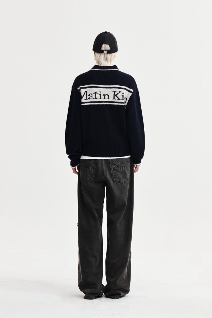 Matin Kim Back Logo Collar Knit Top — Dark Navy