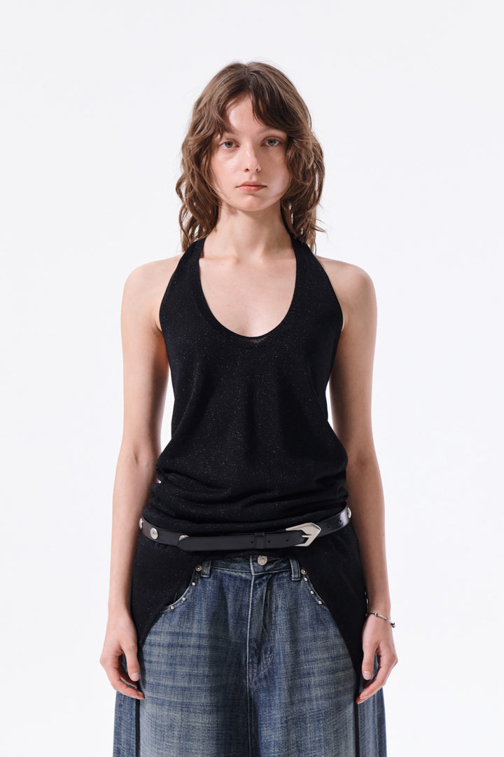 Matin Kim Layered Tie Halter Neck Knit Top — Black