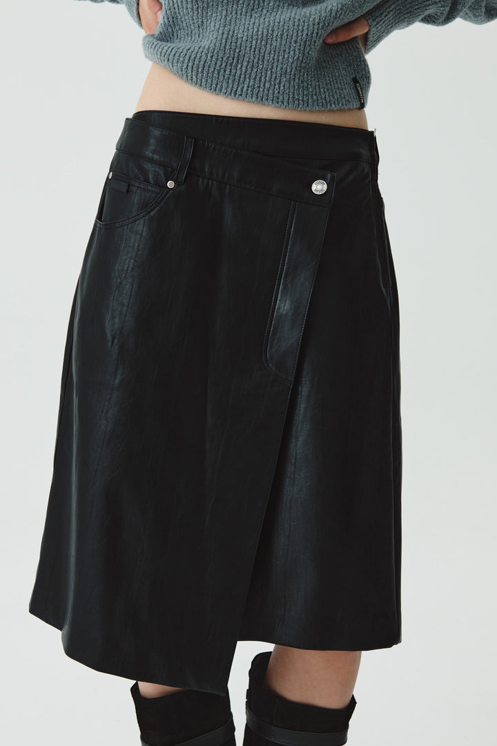 KIMMATIN Faux Leather Midi Wrap Skirt — Black