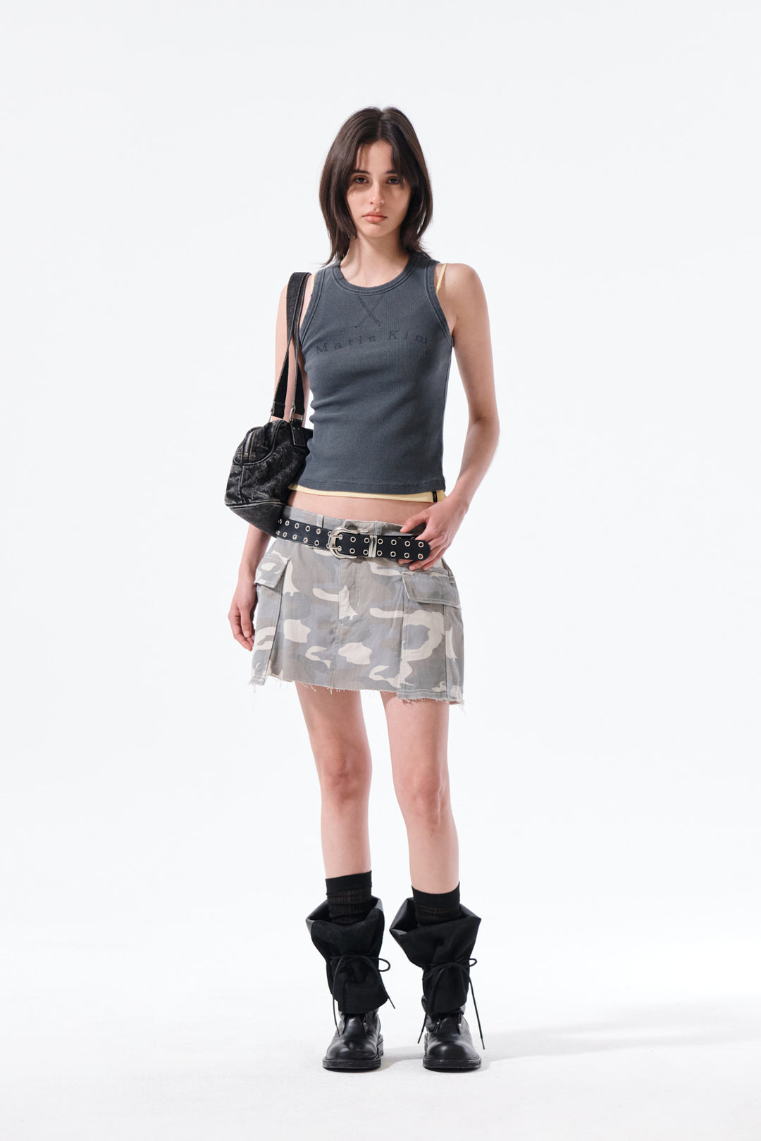 Matin Kim Cargo Mini Denim Skort — Beige