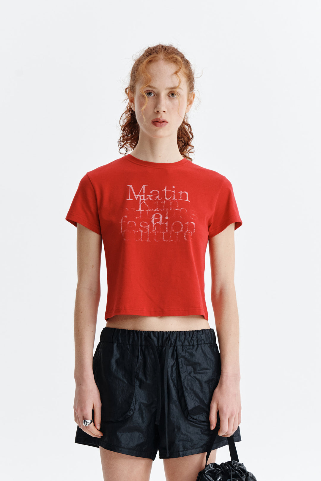 Matin Kim Dusty Typo Graphic Crop Top — Red