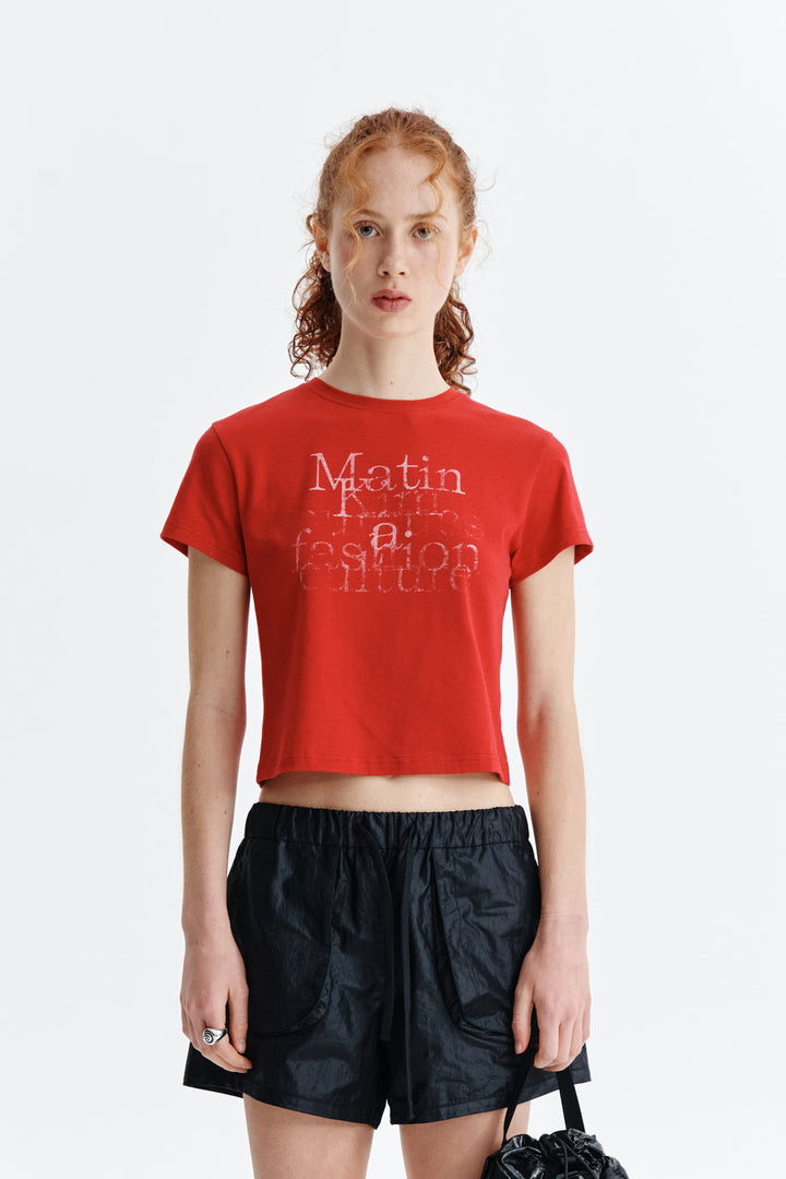 Matin Kim Dusty Typo Graphic Crop Top — Red