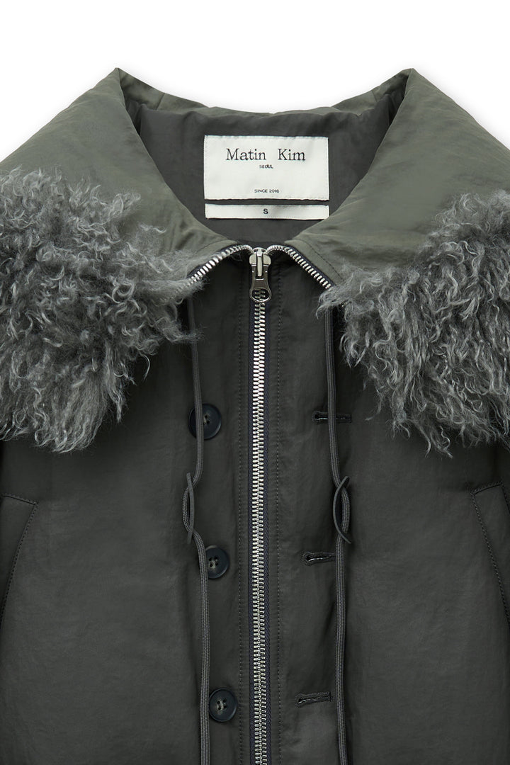 Matin Kim Fur Hoody Bomber Down Jumper — Gray