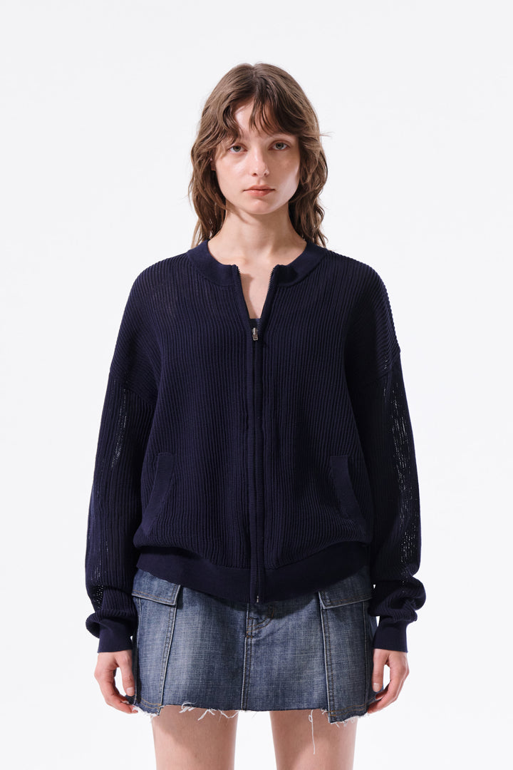Matin Kim Back Logo Jacquard Mesh Knit Zip — Navy blue