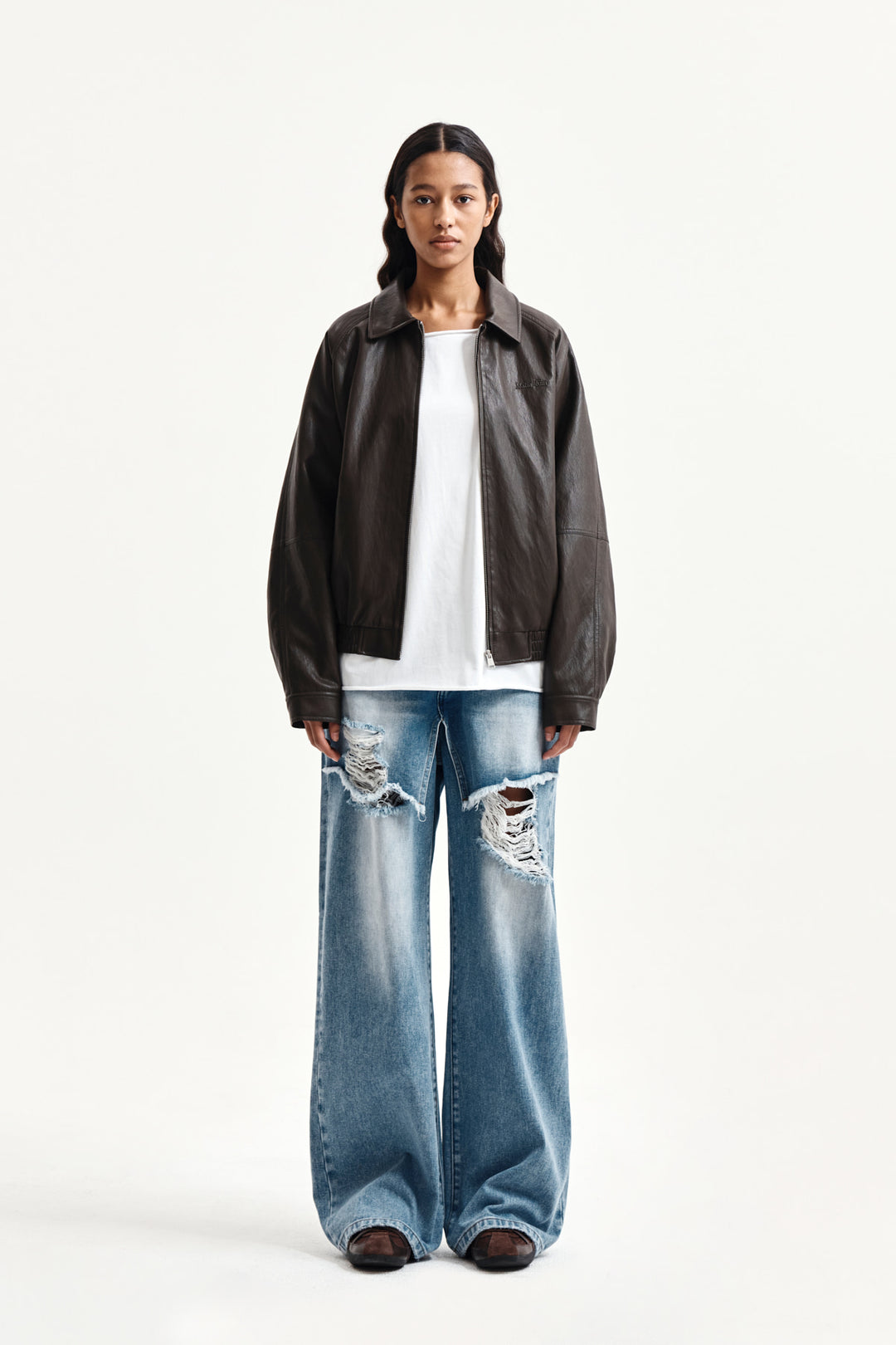 Matin Kim Front Layered Distressed Denim — Blue