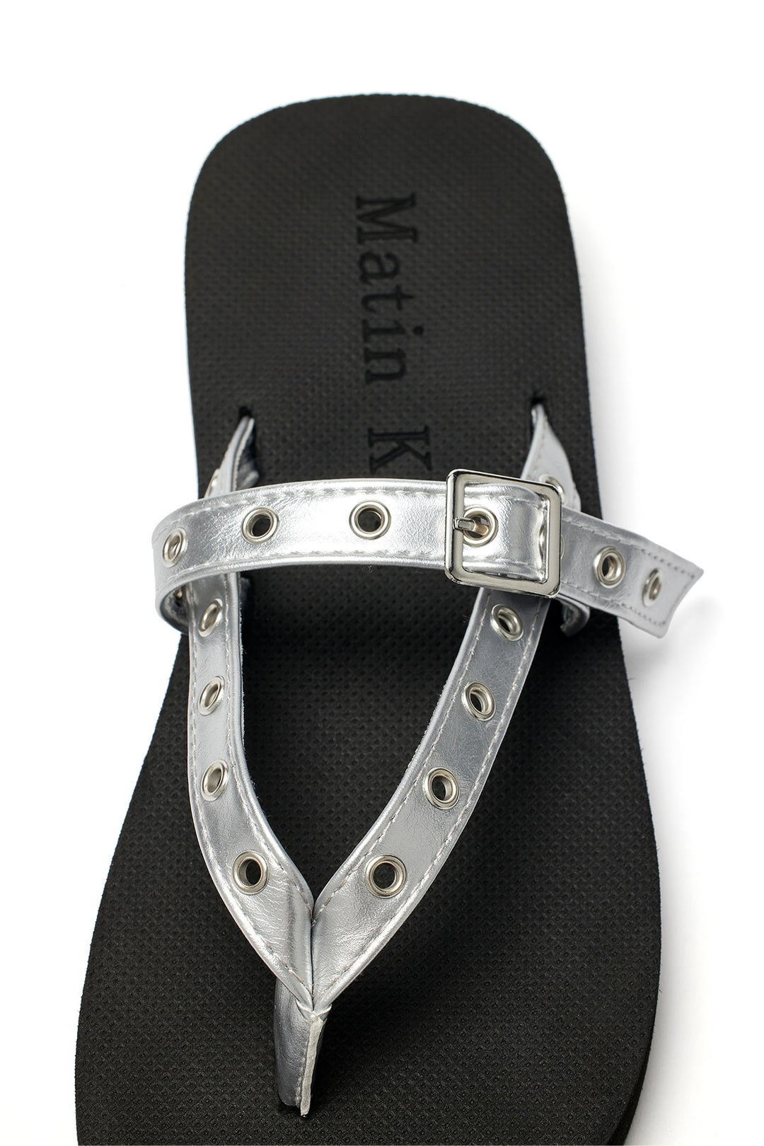 Matin Kim Buckle Eyelet Slippers — Silver