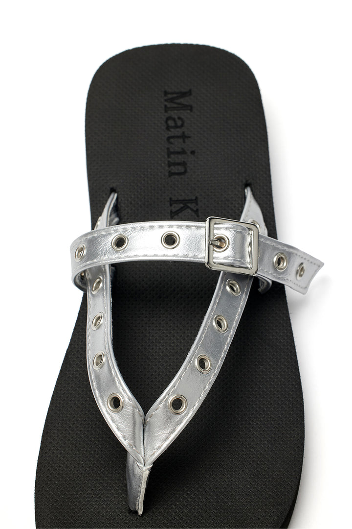 Matin Kim Buckle Eyelet Slippers — Silver