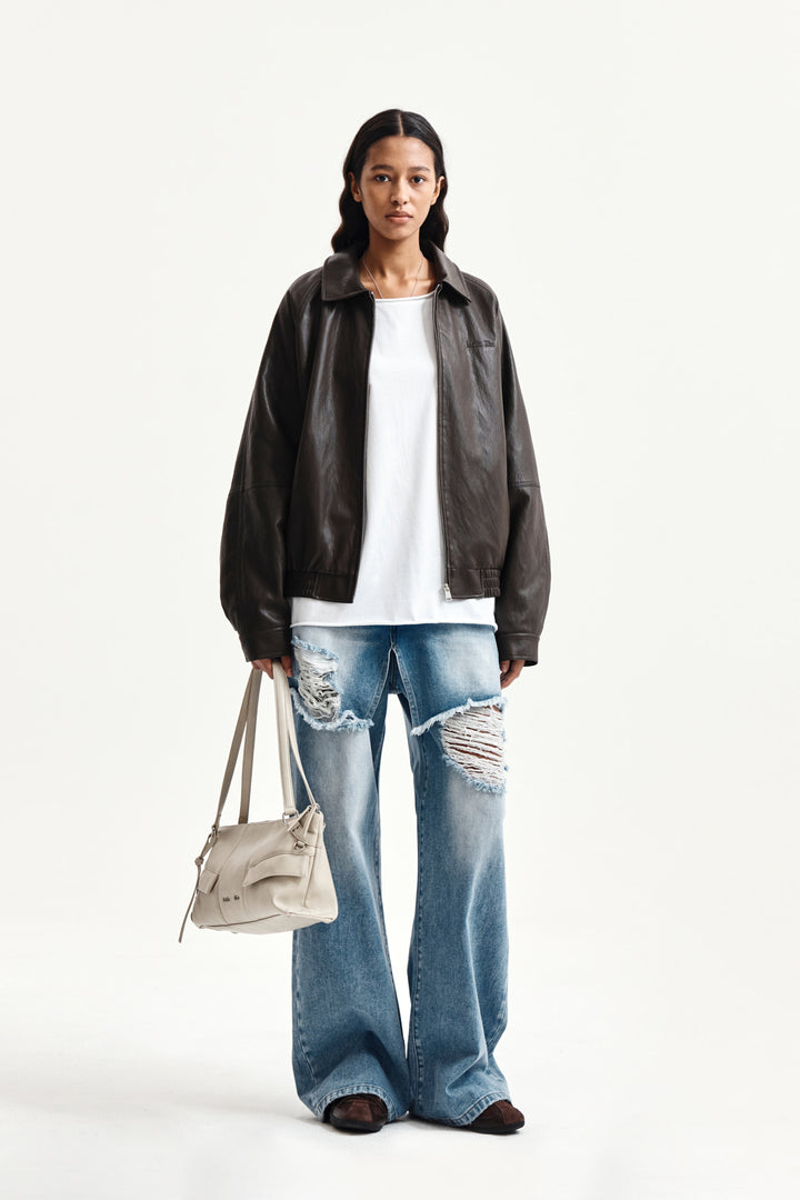Matin Kim Small Logo Faux Leather Zip-Up — Brown