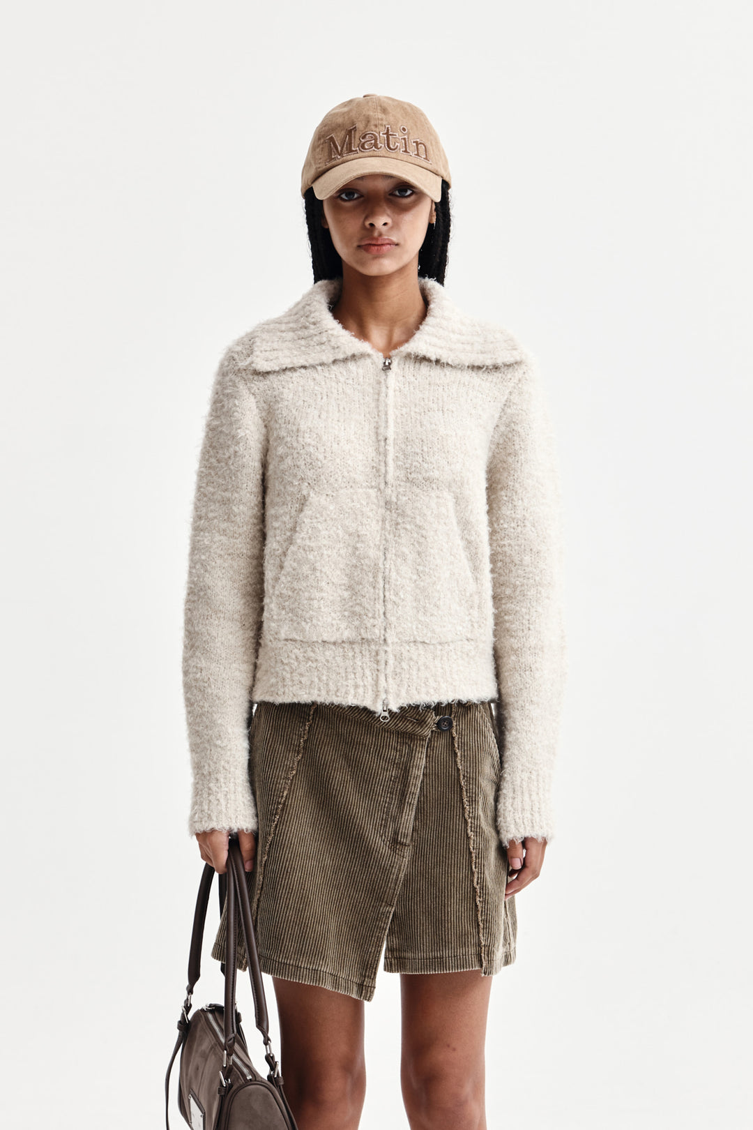 Matin Kim Boucle Knit Zip Up Cardigan — Beige