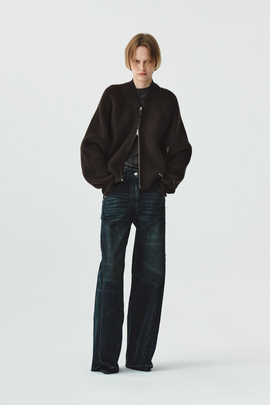 KIMMATIN Raglan Pocket Knit Zip Up — Brown