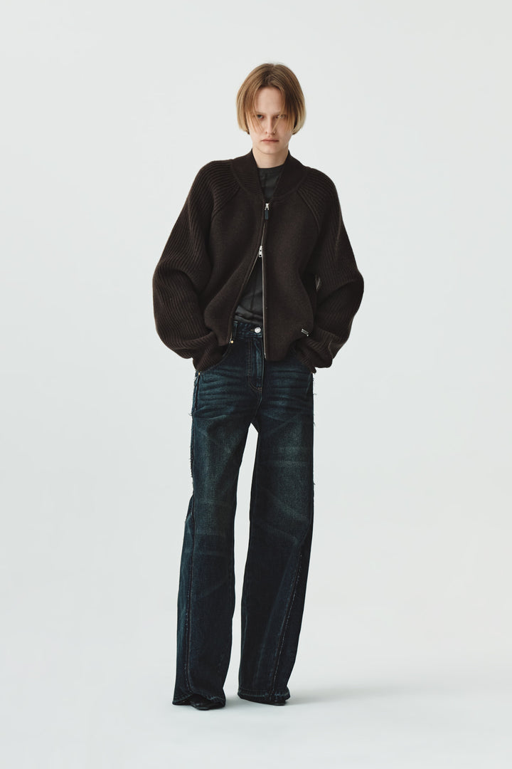 KIMMATIN Raglan Pocket Knit Zip Up — Brown