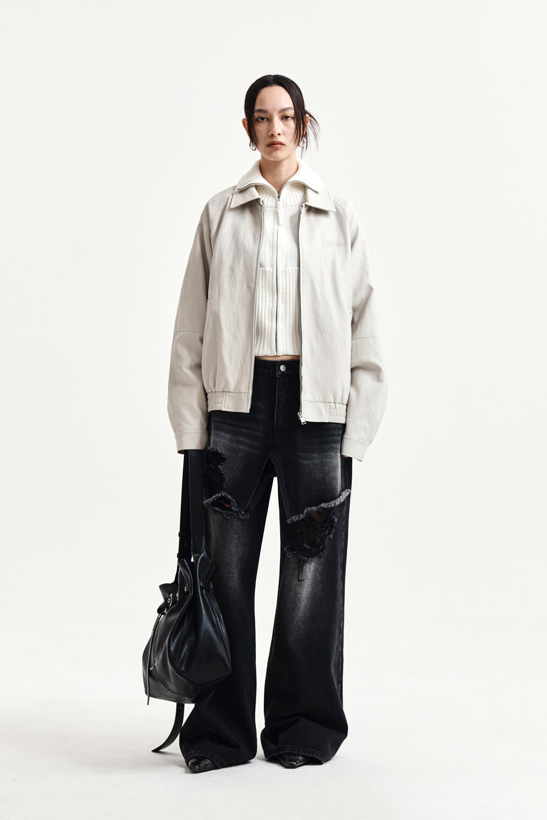 Matin Kim Front Layered Distressed Denim — Black