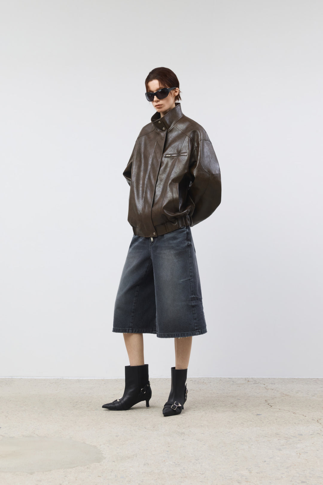 KIMMATIN Oversize Leather Biker Jumper — Brown